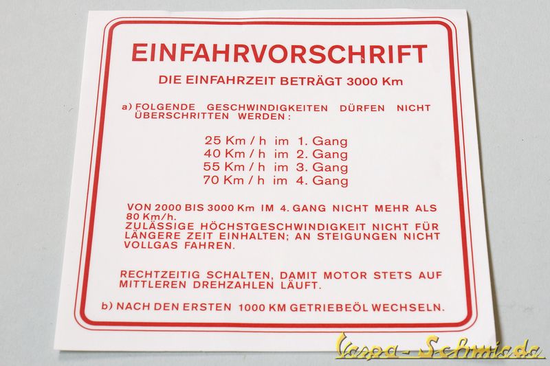 Aufkleber Einfahrvorschrift - Deutsch - 4-Gang