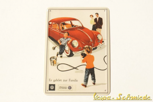 Volkswagen Blech-Postkarte "Käfer / Er gehört zur Familie"